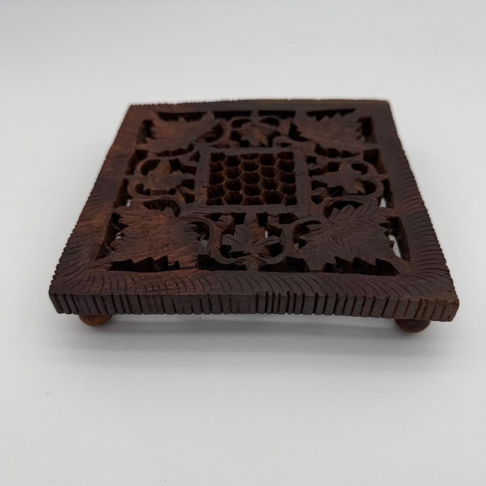 Vintage Hand Carved Wood Trivet Footed Square Floral Honeycomb India Boho 6x6